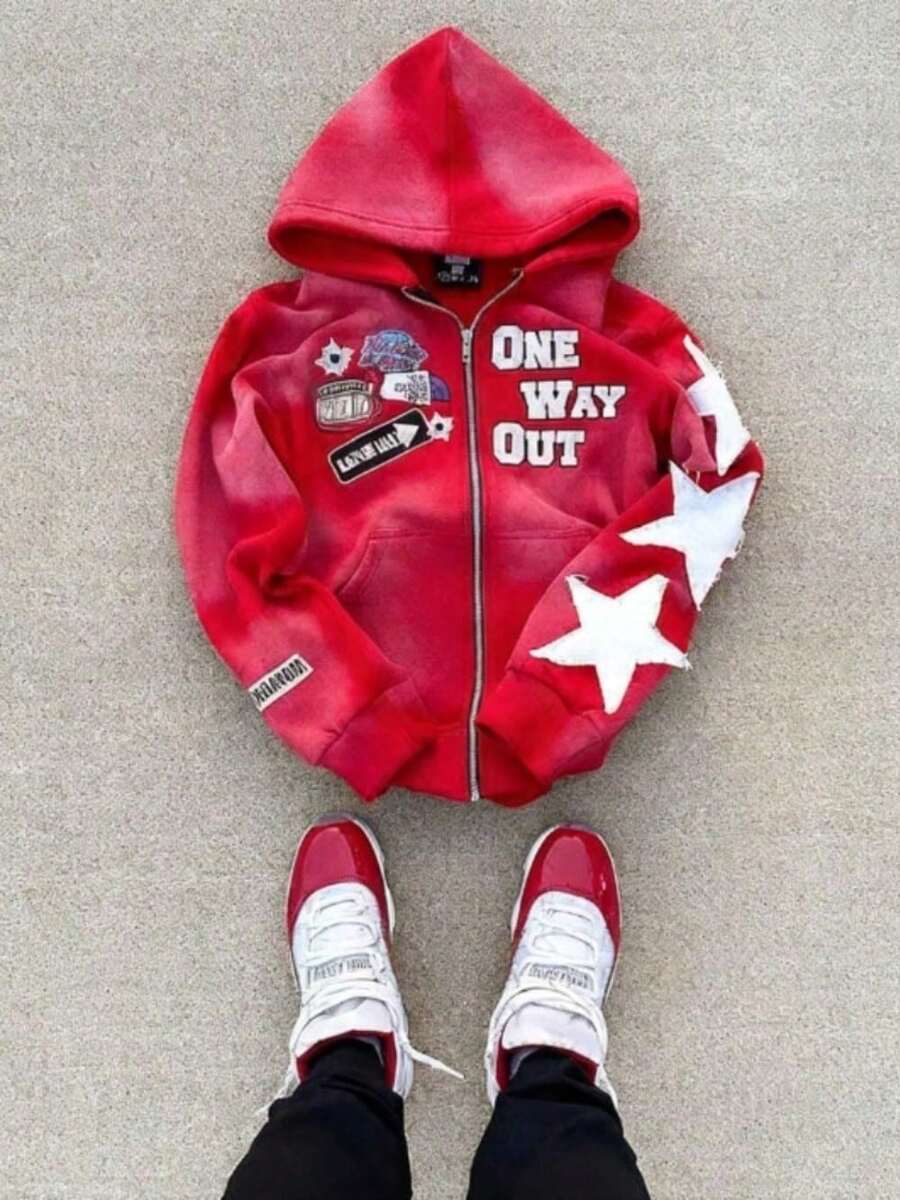 European Station  Brand Casual American  Digital Printing Sweater Cardigan Jacket Multi-Color Hoodie - Red - View 1