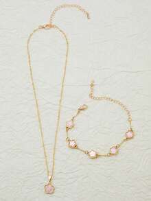 1 Set Fashion Lucky 5-Petal Flower & Clover Jewelry Necklace & Bracelet Set For Girls - Two-piece Set - View 4