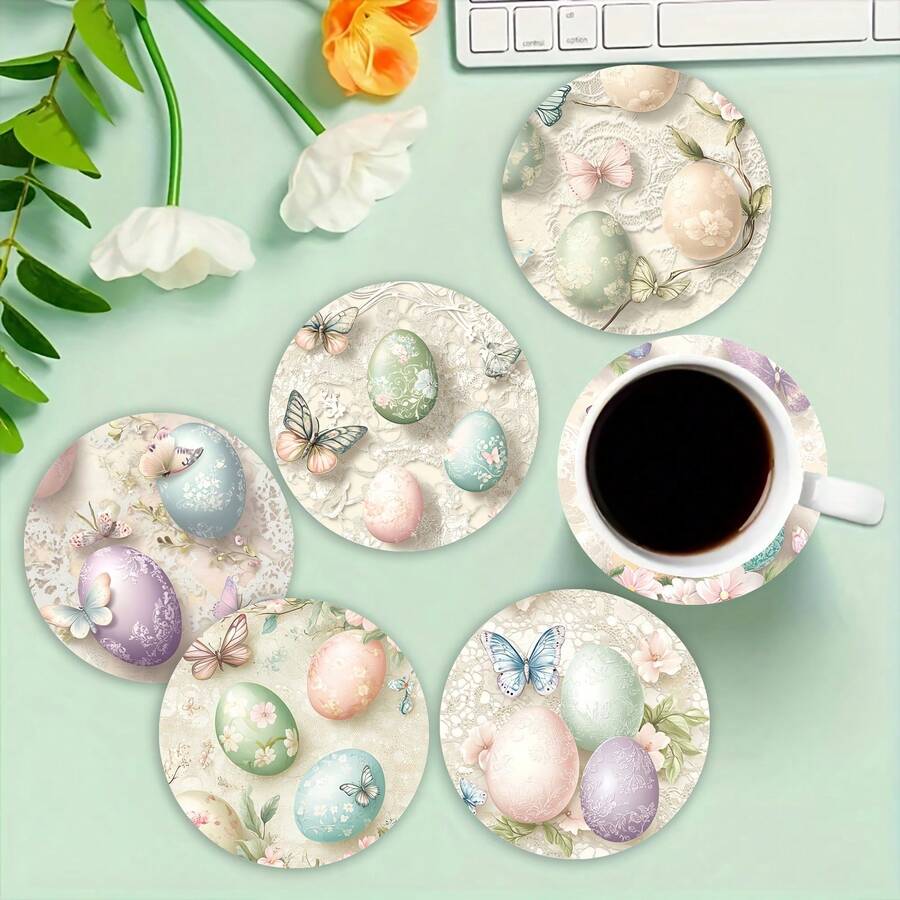4/6 piezas (con/sin soporte) Juego de posavasos de madera con diseños de elementos de Pascua, mariposa y floral, adecuado para patio, cocina, sala de estar, decoración de mesa para reuniones en el hogar, mejor regalo de Pascua, Día de San Valentín de primavera para amigos y familiares