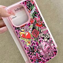 1pcs Pink Leopard Tattoo Roses Skull Heart Phone Case Suitable For Apple Phone 11 12 13 Pro Xs Max XS X 14 15 16 Plus 17ProMax Silicone Shock Proof Vintage Funky Cute Fashion Can Be Given To Friends You Can Give It To Yourself - Hồng - Xem 2