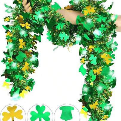 1件圣帕特里克节装饰三叶草金属丝，爱尔兰节日金色条纹，绿色帽子花环