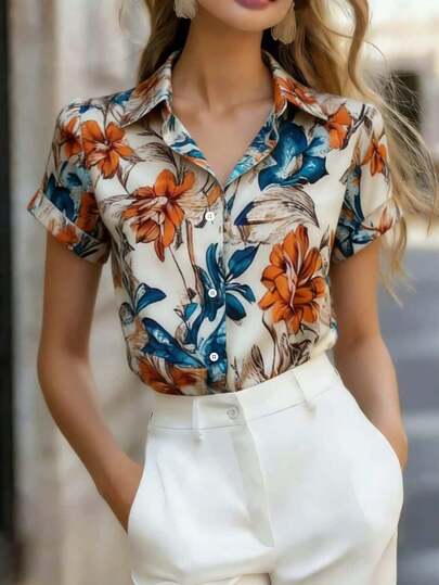 优雅女士衬衫，彩色花卉印花，短袖，时尚衬衫领，涤纶面料，纽扣前襟衬衫