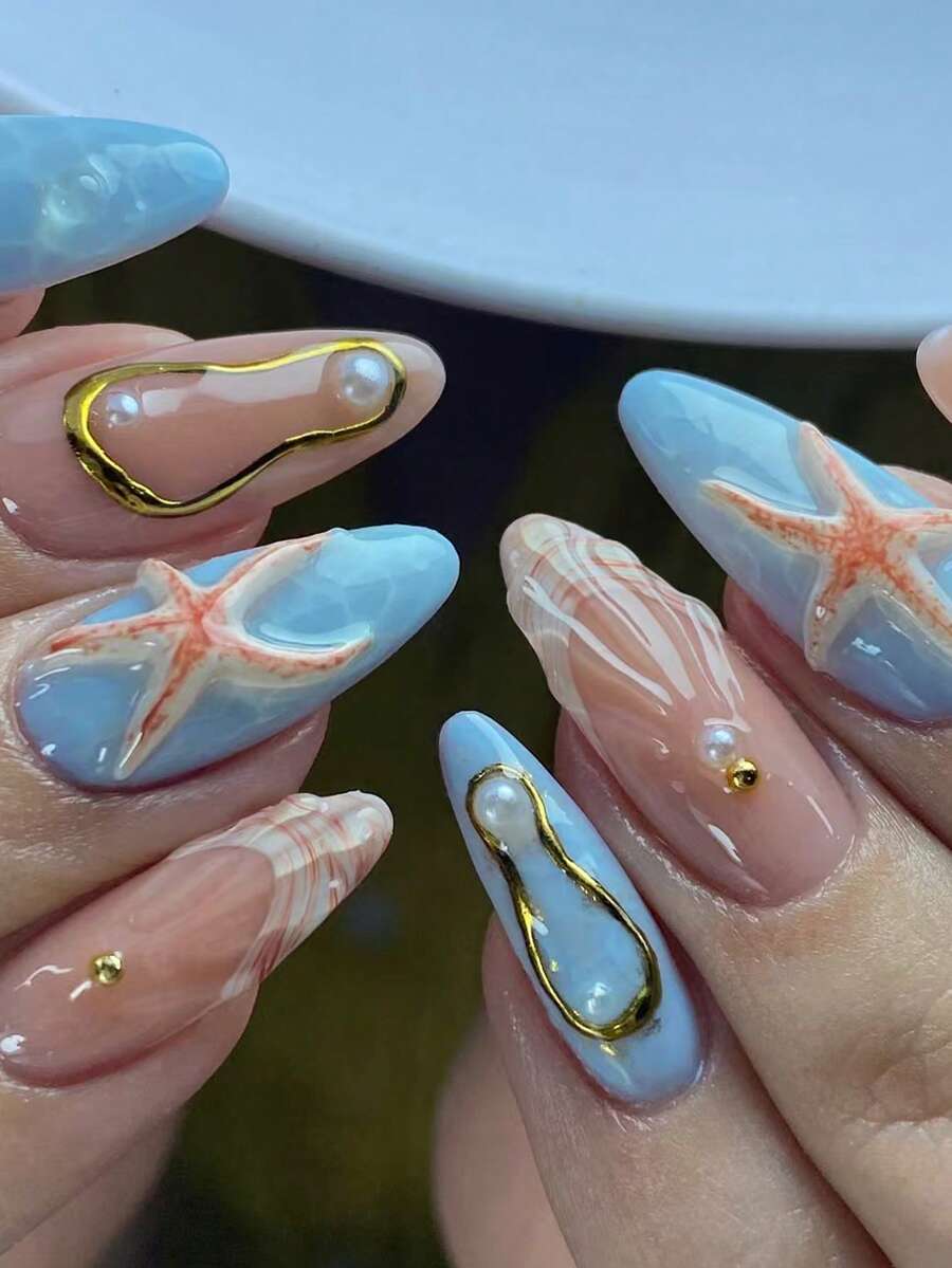 Bộ 24 miếng dán móng tay gel 3D hình hạnh nhân, chủ đề đại dương - bao gồm hình cá voi, rùa, ngọc trai, sao biển, thiết kế đầu móng kiểu Pháp, chất liệu acrylic ngắn vừa vặn hoàn hảo với móng giả. Bộ sản phẩm gồm: 1 miếng gel dẻo và 1 dũa móng. Móng tay chủ đề đại dương và mùa hè cho đầu ngón tay lấp lánh, phù hợp cho phụ nữ đi làm hàng ngày và dự tiệc. - Nhiều màu - Xem 1