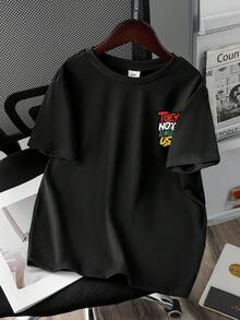 青少年男孩标语印花圆领短袖休闲百搭T恤 - 黑色 - 查看 2