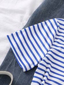 1pc Girls' Elastic Ribbed Fabric Casual Minimalist Classic Retro Ribbed Design Button Short Sleeve T-Shirt, Spring/Summer - Blue - View 4