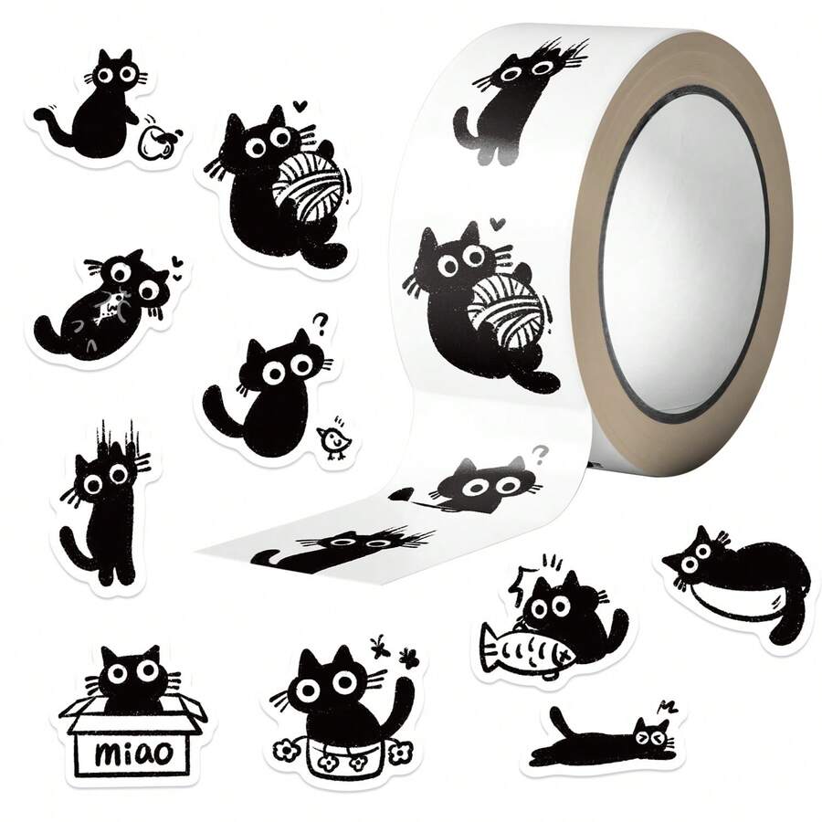 500张/卷 卡通黑猫贴纸，适用于手机、笔记本电脑、日记本装饰、吉他、头盔、水杯、DIY、包装、小礼物、赠品、礼品、奖励 - 黑色 - 查看 1