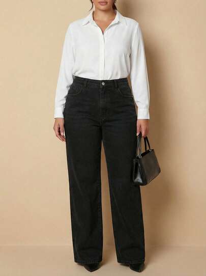 Whisplicity 大码女式黑色口袋休闲百搭直筒牛仔裤，适合秋冬穿着，可搭配万圣节