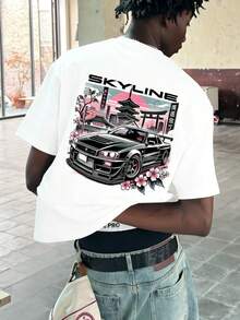 Fractyr Fractyr Men's Fashionable Printed Loose Short-Sleeve T-Shirt | Exquisite Design | Racing Car And Cherry Blossom Print | Summer Must-Have | Easy To Match, Showcase Your Style - White - View 5