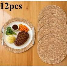 Woven Placemats (Set Of 12), Round Rattan Placemats, Woven Hyacinth Willow Placemats, Heat-Resistant And Non-Slip, Suitable For Plates. Care Instructions: Hand Wash Only. - 藤編餐墊 - 查看 1