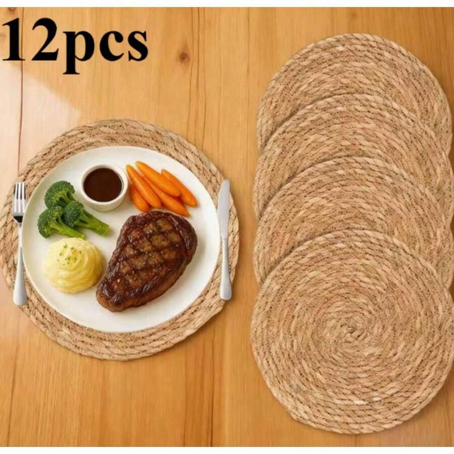 Woven Placemats (Set Of 12), Round Rattan Placemats, Woven Hyacinth Willow Placemats, Heat-Resistant And Non-Slip, Suitable For Plates. Care Instructions: Hand Wash Only. - 藤編餐墊 - 查看 1
