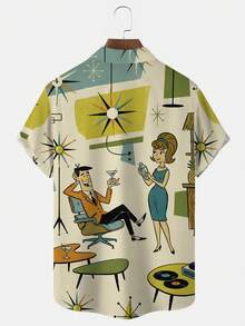 Retro Medieval Geometric Cartoon Print Men's Button-Down Short Sleeve Shirt - Khaki - View 3