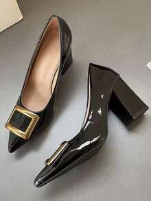 Metal Square Buckle High Heel Pumps, Chunky Heel Pointed Toe Slip-On Dress Shoes, Fashionable & Versatile, Sexy Work Shoes, Spring/Autumn - Black - View 5