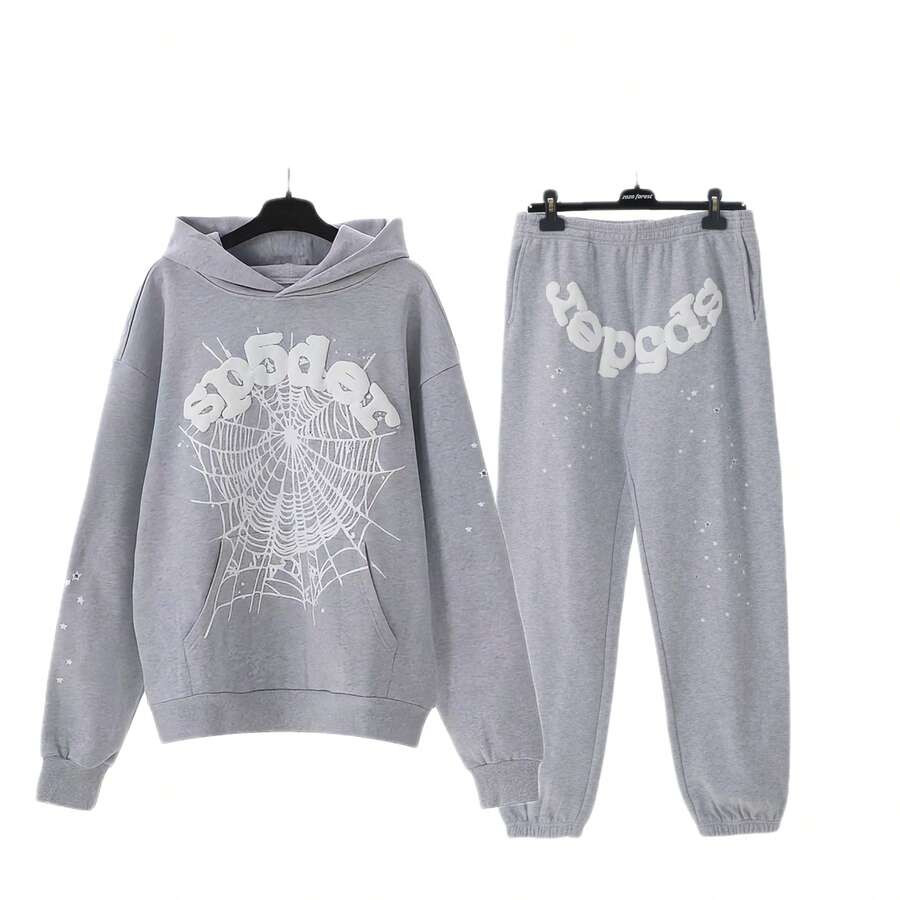 European & American Hip-Hop Spider Hoodie Set Y2K Hooded Sweatshirt Unisex Hoodie Streetwear Set Two-Piece Animal Print Cut-And-Sew Casual Style - Xám - Xem 1
