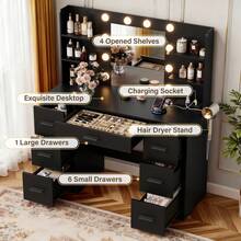 Devoko Vanity Desk With Mirror, LED Lights And Power Outlet Makeup Vanity Table With 7 Drawers And 6 Storage Shelves Dressing Table For Bedroom Dressing Room - Xem 6