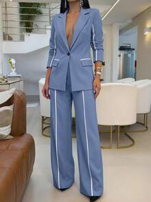 Bộ 2 áo khoác blazer tay dài và quần, thiết kế ruy băng màu tương phản, phù hợp mặc công sở vào mùa thu - Màu xanh lam - Xem 5
