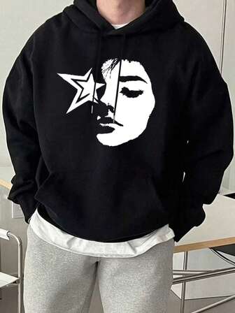 1 Peça Moletom com Capuz Térmico Estampado Vintage de Plus Size Unissex, Casual para Uso Externo, Outono/Inverno