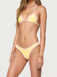 Women Y2k Bikini Set 2 Pieces Swimsuits Color Block Tie-Up Halter Neck Sleeveless Bra High Cut Thong Bottoms Beach Vacation Bathing Suit Set - Màu vàng - Xem 5