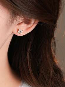 Mini Clover Flower Stud Earrings For Women - Dainty Zirconia Sweet Fresh Jewelry, Tiny Floral Ear Studs For Daily Wear, Dating & Gift Giving - Gold - View 7