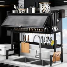 HanTai Heavy-Duty Over The Sink Dish Rack - Extra Large 33.5" Kitchen Organizer With Cover, 3-Tier Storage Shelf, Utensil Holder, Cutting Board Rack - Space-Saving Sink Organizer For Modern Kitchens (Carbon Steel Construction), Kitchen Sink Organizer, Sturdy Utensil Holder - 黑色 - 查看 2