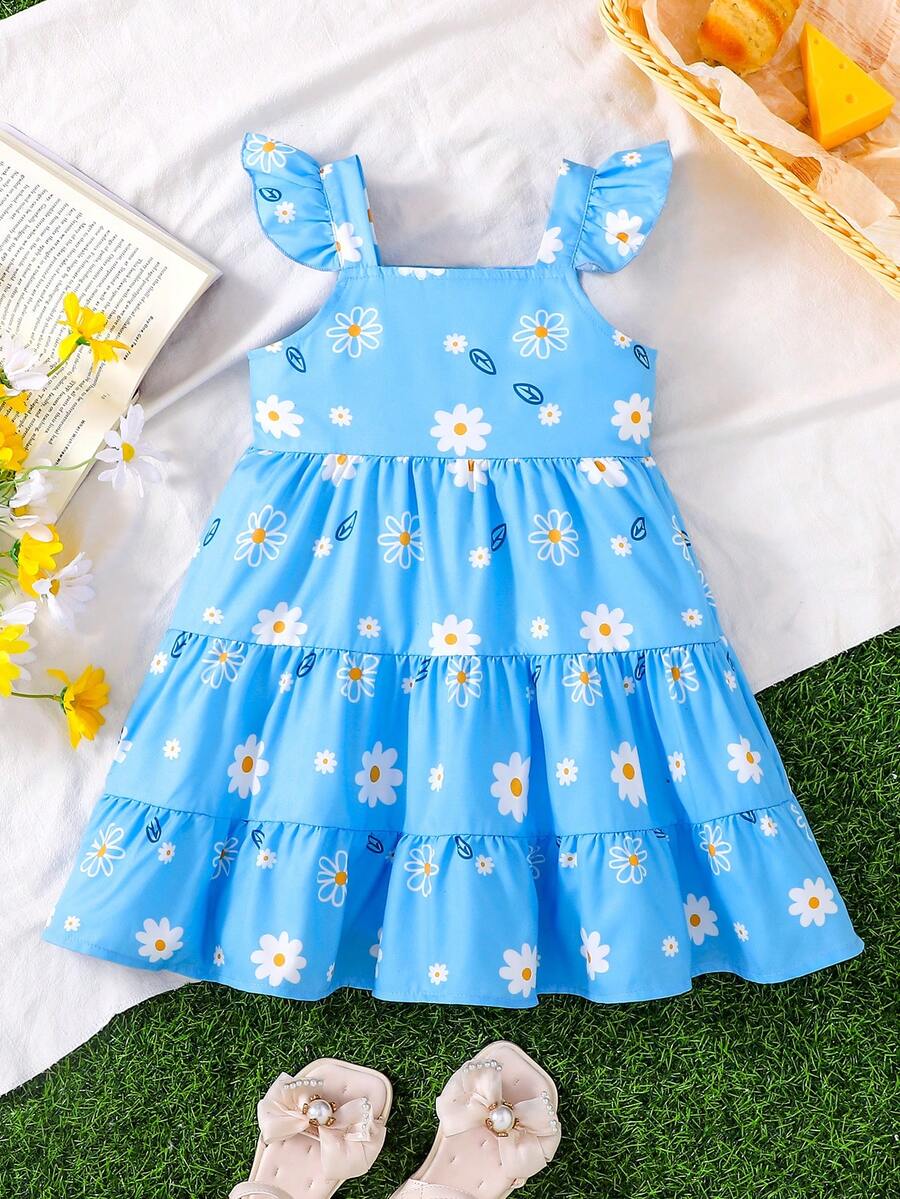 Young Girl Blue Floral Print Sleeveless Ruffle Hem Dress, Spring/Summer - Blue - View 1