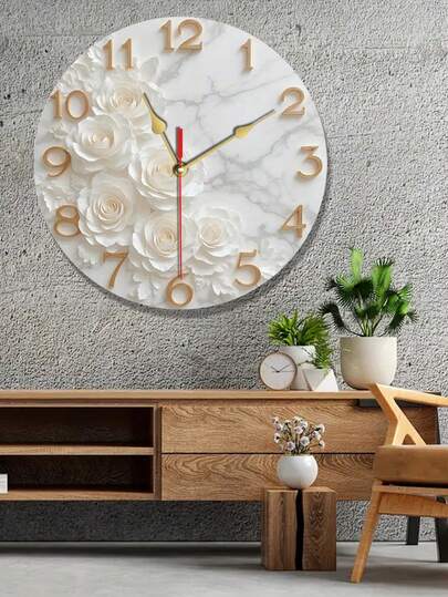 Floral Art Wall Clock, White Rose & Marble Texture Design - Silent Non-Ticking, Battery Operated, Acrylic Round Clock, Suitable For Living Room, Bedroom, Office Decor - Gold Hands, Marble Texture, Batteries Not Included, Wall Clock Decor, Elegant Time Piece