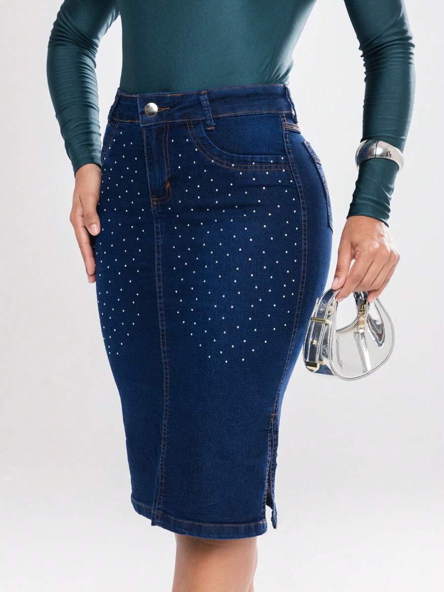 Saia Jeans Midi Feminino Elegante Moda Evangélica Com Pontos De Brilho Brilho - Azul - Visão 1