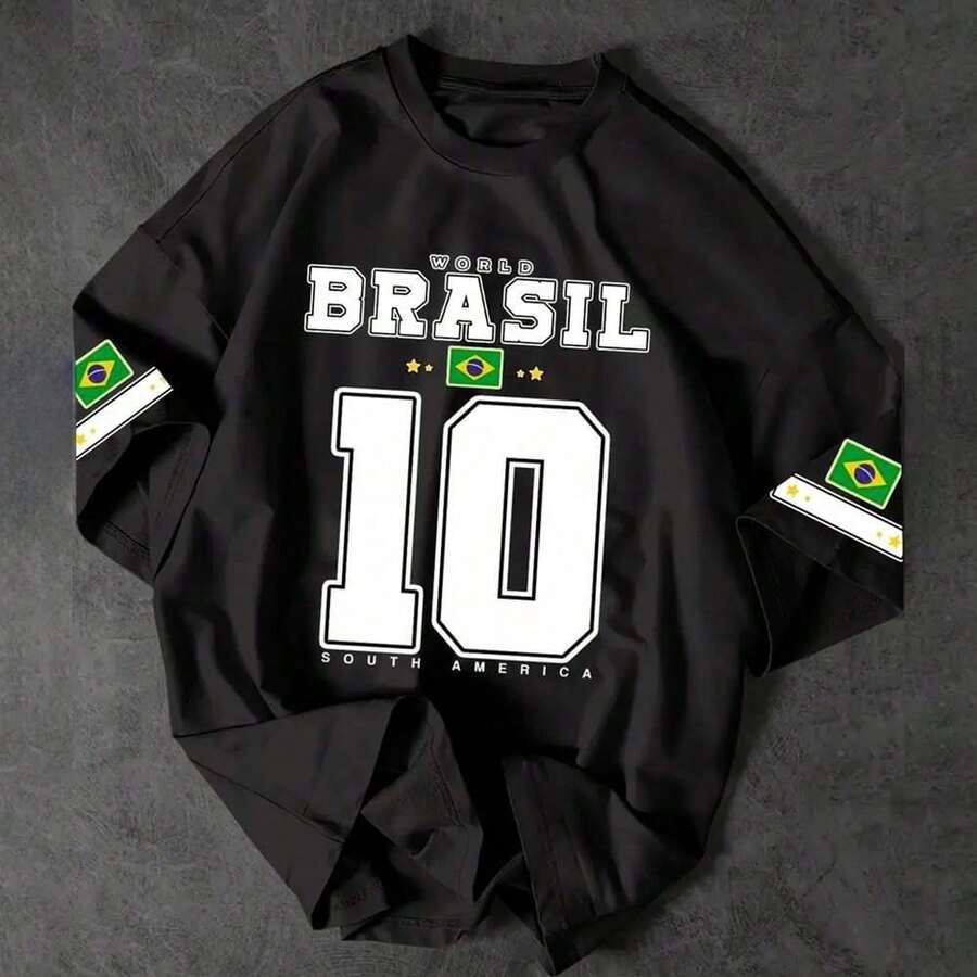 Men's Casual T-Shirt With "BRAZIL" Print And Number 10, Premium Cotton, World Cup Fan Edition, Brazilian Football Fashion - màu đen - Xem 1