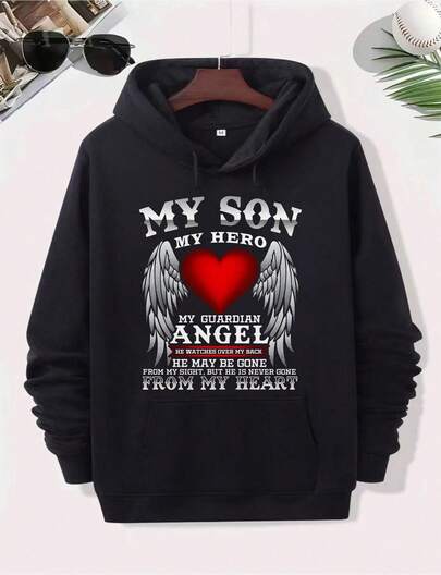 Sudadera con capucha para hombre "En memoria de mi hijo, mi héroe, mi ángel de la guarda" - Sudadera con gráfico conmemorativo y alas de ángel con diseño de corazón.jpg