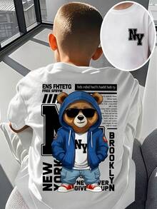 Camiseta casual de manga corta con cuello redondo, estampado de oso de dibujos animados y eslogan para niño preadolescente - Blanco - Ver 10