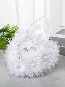 1个山茶花心形新娘戒指盒，缎带蝴蝶结心形戒指盒，蕾丝浪漫仿珍珠婚礼仪式用品礼品，求婚仪式白色戒指盒情人节礼物