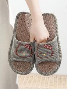 Sanrio Kitty Embroidered Linen Breathable Open Toe House Slippers For Women, Elegant & Sophisticated, Officially Licensed - Brownish-gray - View 2