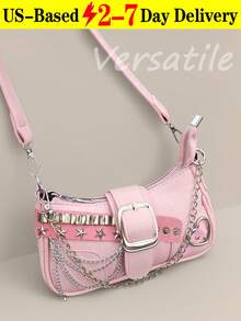 1pc PU Leather Women's Handbag, Y2K Babe Bag, Versatile Star Bag, Crescent Bag Sweet Cool Girl Bag, Black & Red Contrast Chain Shoulder/Underarm Bag, Y2K Chic Star Chain Crossbody Bag, Street Style Party Gift For Women - 粉色 - 查看 8