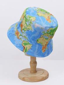 1pc Polyester Reversible Bucket Hat With Bohemian Map Print, Casual Party Street Style, UV Protection, Suitable For Spring, Summer, Autumn, Unisex