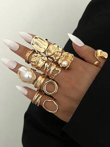 15/12/10/7/6/3件套多件可叠戴复古硬币戒指套装，粗犷/优雅多元素设计，包含花朵、水滴、彩色仿宝石、仿珍珠、圆形、搭扣、亚克力、褶皱、不规则纹理、蝴蝶结、方形、波浪、扭曲、海星、镂空、光滑、简约、金属超大款粗戒套装，时尚、优雅、复古、精致设计，适合节日、派对、约会、送礼、日常佩戴 - 金黃色 - 查看 5