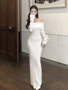 Sexy Tight Off Shoulder Bodycon Mini Dress, Stretchy Knitted Long Sleeve Slim Fitted Dress - White - View 1