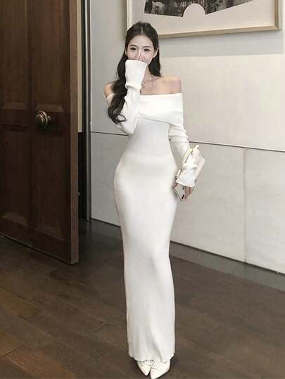 Sexy Tight Off Shoulder Bodycon Mini Dress, Stretchy Knitted Long Sleeve Slim Fitted Dress