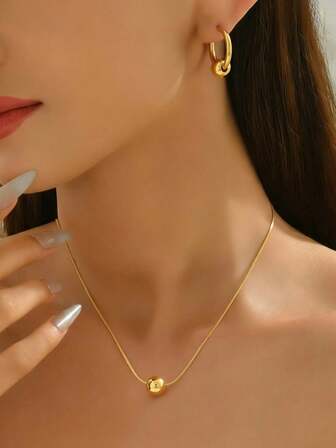 Juego de cuentas doradas de acero inoxidable. Cuentas lisas doradas + pendientes de cadena delgada. Conjunto de lujo simple y de alta calidad, regalo ideal para vacaciones y uso diario.