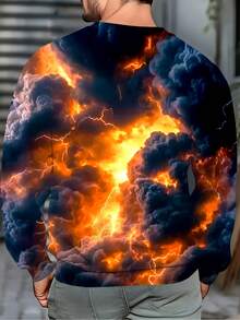 Men's Sweatshirt, Men's Crew Neck Sweatshirt, Fashionable Men's Casual Crew Neck Pullover, High Street Dark Apocalyptic Flame And Lightning Pattern Print, Christmas Gift,  Gift, Loose Fit, Slightly Elastic, Knitted Fabric, Sweatshirt, Comfortable And Fashionable, Gym, Streetwear, Cheap, Golf, Outdoor, Football, Basketball, Baseball, Fitness, , Machine Washable, All-Season Comfortable - Mixed Colors - View 3