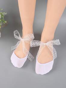 1 đôi tất nữ buộc dây ruy băng, kiểu dáng nông, mỏng, chống trơn trượt, thoáng khí, thấm hút mồ hôi, không lộ tất. - trắng - Xem 3