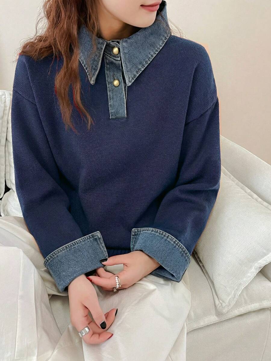 韩版牛仔拼接针织套头毛衣，女款，秋冬款 - 藏蓝色 - 查看 1