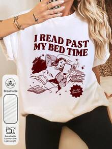 女性每日深夜读书俱乐部图案圆领短袖休闲夏季女式上衣，爱读书的女性图案白色T恤 - 白色 - 查看 2