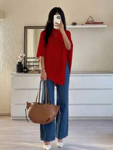2025简约舒适披肩上衣优雅端庄春秋时尚优雅宽松针织披肩上衣女宽松版型轻薄秋季休闲旅行沙滩百搭风 - 紅色 - 查看 2