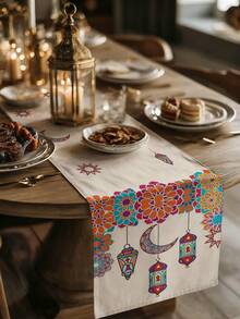 1pc Ramadan Crescent Moon Pattern Table Runner, Ramadan Home Decor Table Runner, Islamic Home Decor, 1pc Table Runner, 4pcs Placemats, 1pc Cushion Cover, 3 Products Available, Home Decor Indoor/Outdoor Party Supplies, Room Decoration. Suitable For Ramadan Home Kitchen Decor And Ramadan Event Party Decoration - Multicolor - View 3