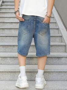 欧美青少年男孩复古休闲蓝色牛仔短裤 - 中等水洗藍 - 查看 2