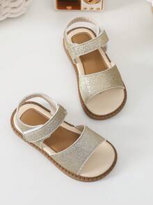 1双女童亮金色PU材质防滑软垫舒适圆头鱼嘴平底凉鞋，公主风，适合5-16岁女孩，生日派对、休闲、上学、度假，2026年春季流行单品 - 金色 - 查看 4