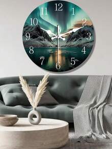 10-12英寸静音木质挂钟，饰有北极光和雪山图案 - 完美适用于客厅、卧室、办公室装饰 | 理想的圣诞节和新年礼物 - 彩色 - 查看 3