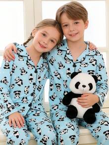 2pcs Tween Girl Pajama Set, Cute Panda Pattern, Long Sleeve Cardigan Top And Pants, Knit Fabric, Suitable For Outerwear, All Season, Boys & Girls - Baby Blue - View 6