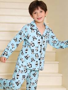 2pcs Tween Girl Pajama Set, Cute Panda Pattern, Long Sleeve Cardigan Top And Pants, Knit Fabric, Suitable For Outerwear, All Season, Boys & Girls - Baby Blue - View 11