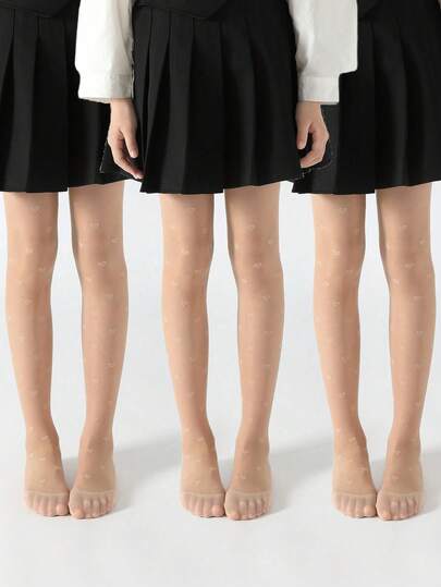 1/3 Pairs Girls Lightweight Breathable Sheer Tights, Beige Heart Pattern Leggings, Fashionable Soft Comfortable Casual Hosiery For Children, Suitable For Holidays, School, Valentine's Day, Birthday, Daily Wear