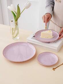 1pc New Luxury Round Gold-Rimmed Tray, Multi-Purpose Cake/Snack/Fruit Serving Platter, Bone Dish Holder - Mauve Purple - View 3